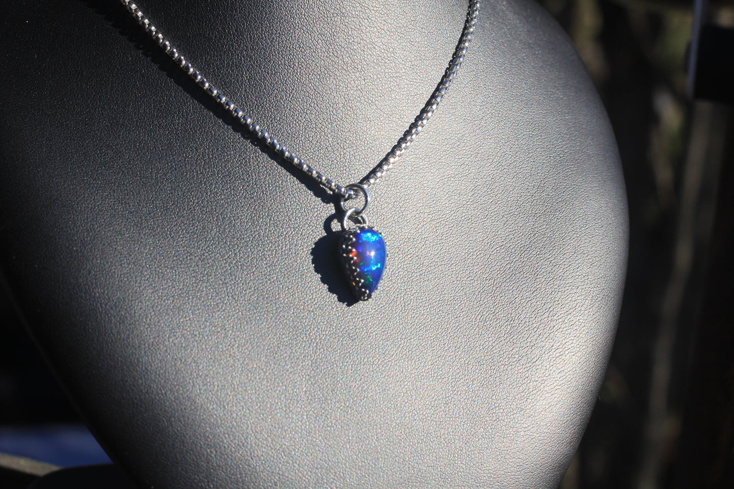 Reversed Teardrop Sterling Silver Black Opal Pendant and 18 Inch Rounded Box Chain