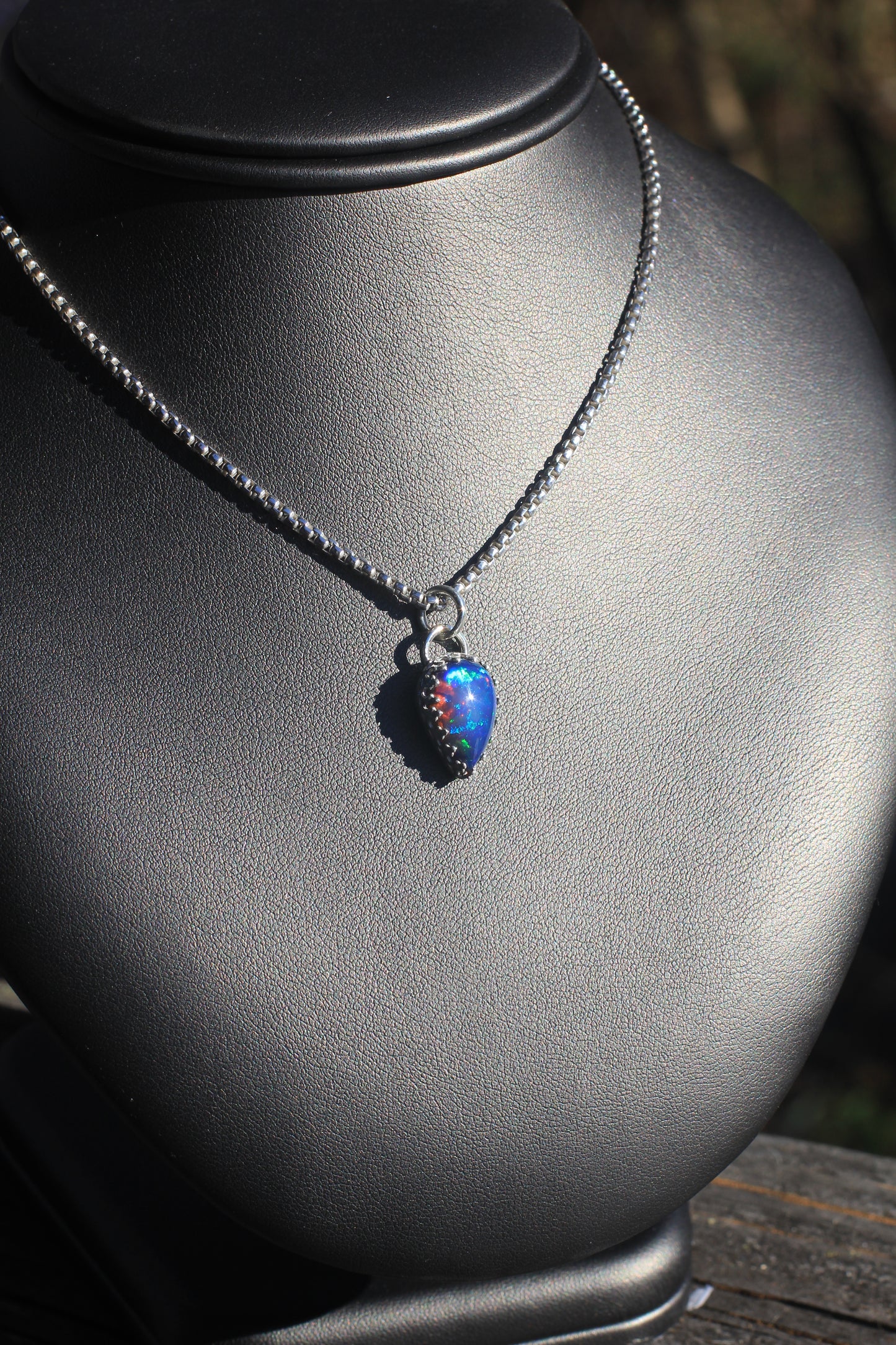 Reversed Teardrop Sterling Silver Black Opal Pendant and 18 Inch Rounded Box Chain